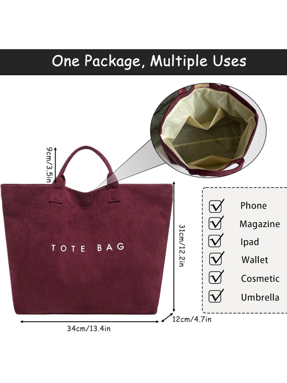 Burgundy Tote Bag - Everyday Suede Carryall - Picture 4 of 6